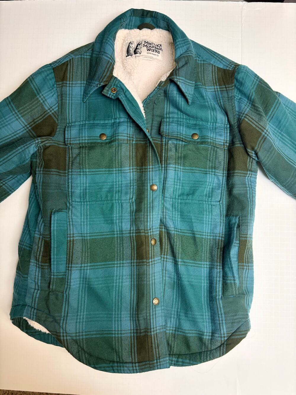 Marmot Women’s Ridgefield Sherpa Lined Flannel Jacket Medium blue Green Plaid